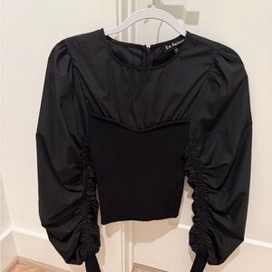 En Saison Black Puff Sleeve Ribbed Bodice Top